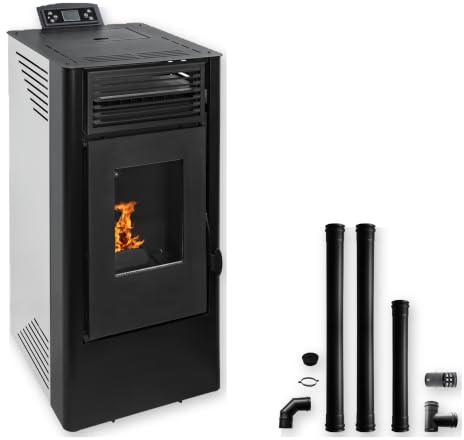 EIDER BIOMASA Estufa de Pellets ANDRÓMEDA 9 – 8,99 kW – Rendimiento 94% – Hasta 210 m³ – Tolva 15 kg – Programable WiFi – Encendido Rápido – Clase A++ + Kit Tubos Chimenea Ø80 mm — Pack Instalación Co