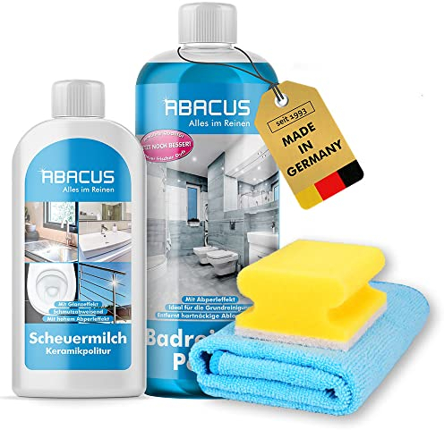 ABACUS® Profi Scheuermilch Set mit Lotus- & Glanzeffekt, für Küche & Bad inkl. Badreiniger Power Konzentrat, Reinigungsmilch, Sanitärpolitur, Keramikpolitur, Edelstahlpolitur – Scheuermilch Set Power