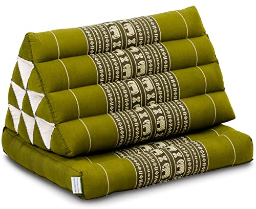 livasia Thaikissen mit 1 Auflage - 75x50x8cm - Dreieckskissen mit Sitzkissen, Keilkissen mit Kapok, Rückenkissen faltbar, Thaimatte zum Klappen, handgefertigt, Meditationskissen (Grün/Elefanten)