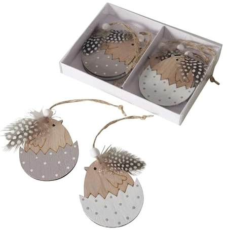 8 STK Hänger Küken mit Ei Holz Osterküken 8x6cm Hänger Deko Ostern Anhänger Federn grau braun Weiss b497 Osterdeko Osterschmuck Holzeier Perlhuhnfedern Holzhänger