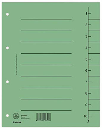 DONAU 8610001-06 100er Pack Trennblätter, Farbe: Grün/ Karton-Register überbreit Aus Recycling-Karton 250 g/qm mit Linienaufdruck für DIN A4 4-Fach Lochung Trennlaschen Trennblätter Ordner Register