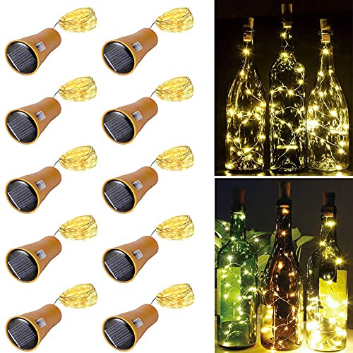 Toifucos Solar Wine Bottle Lights, 10 Pack 20LEDs 2M Copper Cork Shaped Lights Solar Fairy Lights Mini Fairy String Lights for Indoor Outdoor DIY, Party, Wedding, Christmas Decor (Warm White)
