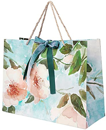 10 x Paper Carrier Bags Large Kraft Gift Bags Party Bags with Handle Reusable Bag Present Treat Bags Tote Bag for Birthday, Wedding, Christmas Party, Shopping (10pcs Flower Paper Bags Size L)