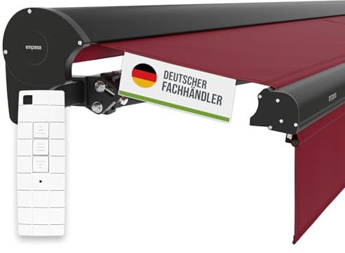 empasa Elektrische Kassettenmarkise 'Expert' Gelenkarmmarkise Markise Sonnenschutz mit manuell ausfahrbarem Volant, komplett vormontiert, Farbe:weinrot, Größe:5 x 3 m