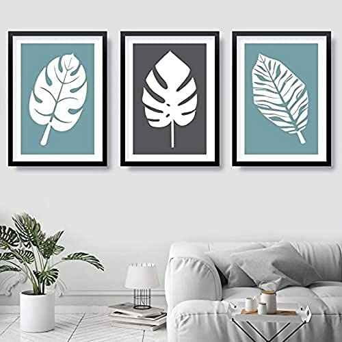 Artze Wall Art Art Prints Tropical Monstera Leaves 3-Piece Set, A3 Size, Blue Grey/White