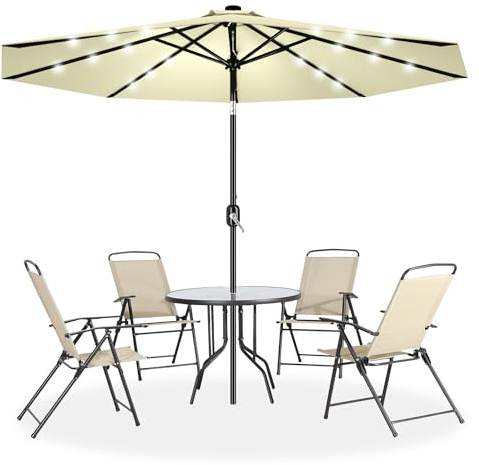 Froadp 300cm Sonnenschirm mit Griff Gartenschirm aus Aluminium Einstellbare Neigungsrichtung Faltbarer Achteckig Terrassenschirm mit UV Schutz für Balkon Terrasse Garten (Beige mit LED)