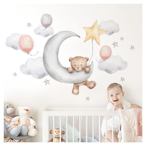 Little Deco Wandsticker Bär auf dem Mond mit Luftballons Wandtattoo für Babyzimmer Teddybär Sterne Wandaufkleber Kinderzimmer Deko DL829-2
