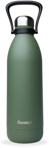 Qwetch - Grande Bouteille Isotherme - Kaki 1,5L - 48h Froid et 16h Chaud - Etanche & Sans BPA - Gourde Inox avec Poignée de Portage - Thermos isotherme pour Pique-nique, Camping, Famille
