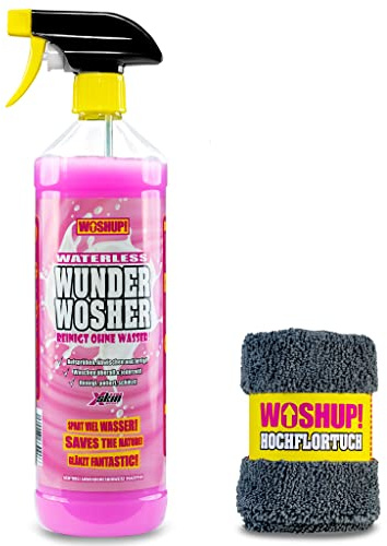 WOSHUP! Waterless Wunder Wosher Auto Trockenreiniger Xtra Skin Schutzfilm 1000 ml Wasserlos Reinigen Auto Ohne Wasser für Wohnwagen, Wohnmobil, Auto, Motorrad und Boot (1 Liter + Tuch)