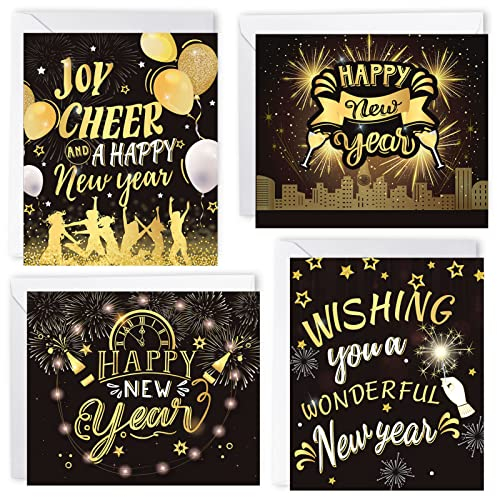 HOWAF 24 Neujahrskarten 2026 mit Umschlag, Frohes Neues Jahr Karte, Happy New Year Karte, Neujahr Postkarten Grußkarten für Silvester Geschenk Mitbringsel Silvester Deko 2025, Schwarzgold