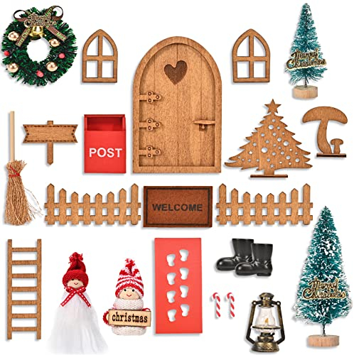 EYCLFY Wichteltür Zubehör Weihnachten Set, Weihnachtswichtel Tür Set Weihnachtsdeko Elfentür, Holz Wichtel Tür mit Miniatur Briefkästen, Zäun, Leiter, Stiefel, Kranz, Feentür Set für Kinder Geschenke