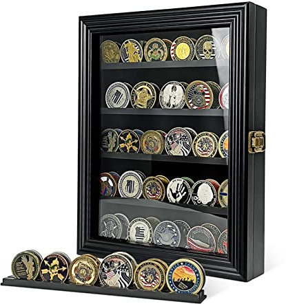 ASmileIndeep Military Challenge Coin Display Case Holder with HD Toughened Glass and Wall Mount, Wooden Coin Stand Rack with Removable 2 Grooves Shelves for Poker Chips Collectibles, Black…