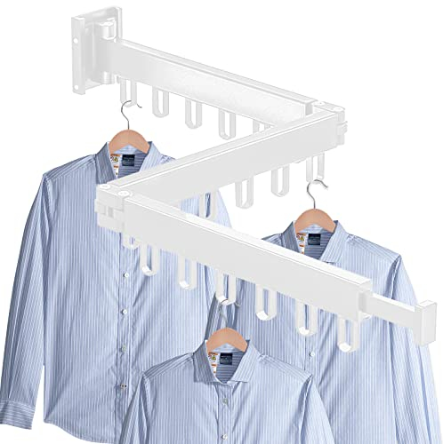 DriSubt Retractable Clothes Rack with 18 Hooks, 90 + 24 cm Wall Mounted Clothes Rack, Foldable Clothes Hanger for Balcony, Laundry, Wardrobe, Kitchen, Bathroom, Bedroom (White)
