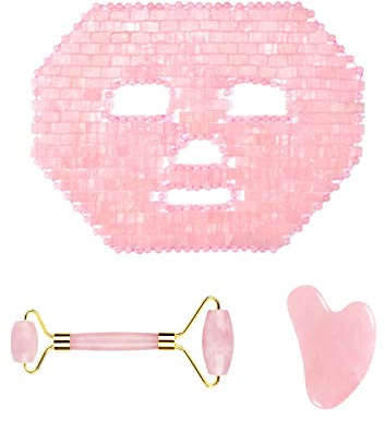 Rosenquarz Jade Augenmaske Gesichtsmassagegerät Roller Gouache Schaber Naturstein Jade Roller Guasha Board Gesichtsmaske Gesichtsmassagegerät,3-teiliges Gesichtsmasken-Set