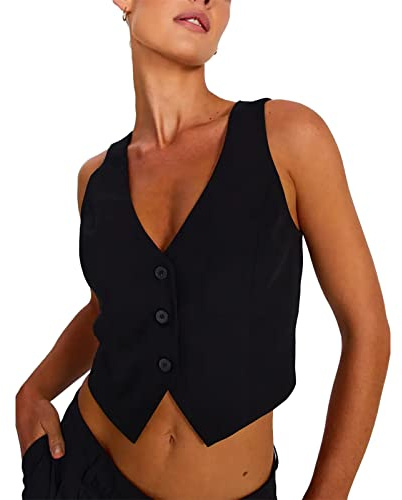 Womens Waistcoat Vest Vintage Steampunk Dress Jacquard Jacket Single Breasted Button Down V Neck Vest Crop Blazer Waistcoat (C-Black, S)