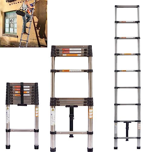 AUTOFU Multi-purpose Ladder Extending Ladder, 2.6m Telescopic Ladder, Stainless Steel Folding Ladder, Height Adjustable Collapsible Ladder for Household Roof Warehouse Outdoor Indoor, 8.16kg