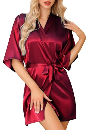 Lovasy Kimono in Raso da Donna Corto Accappatoi e Vestito da Sposa Camicia da Notte Abito Satin Sexy Pigiama in Seta Scollo V