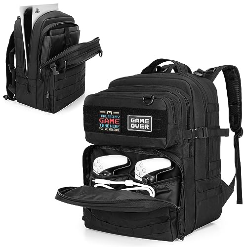 PGmoon Mochila Táctica para Juegos Compatible con Consola PS5/PS5 Slim/PS4, Bolsa de Almacenamiento de Viaje para Portátil de 15,6, Monitor Portátil, Auriculares y Accesorios de Juego