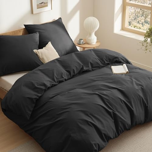BEDSURE Ropa de cama de 200 x 200 cm, algodón negro, edredón funda nórdica de 3 piezas con 2 fundas de almohada de 80 x 80 cm, con certificación Öko-Tex, color negro con