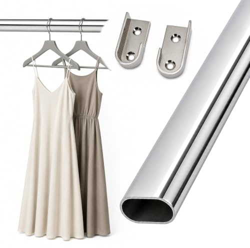 Euro Tische® Kleiderstange für Schrank Oval 70 cm [SCHRANK- & WANDMONTAGE] Set inkl. Halter – Schrankrohr aus Metall, Schrankstange, Garderobenstange für Kleiderschränke – Silber