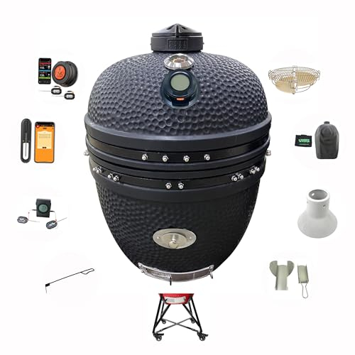 YNNI KAMADO TQTT21MB Großes Kamado-Bündel, 53,3 cm Grill, Mattschwarz mit Chipfeeder, Divide and Conquer, Digitales Thermometer, Abdeckung, Keramik, Ei, Smoker, TQTT21MB