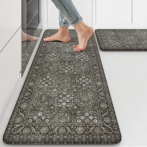 KIMODE Anti Fatigue Kitchen Mat 2PCS,Waterproof Farmhouse Green Kitchen Rugs Non-Slip,Vintage Kitchen Mats for Floor,Cushioned Comfort Standing Mat for Laundry,Office,Sink,Desk,17x47+17x29