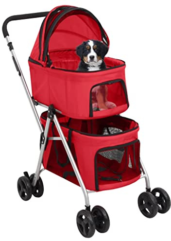 FENLAX Hundewagen für 2 Hunde Faltbar Rot Oxford-Gewebe 83x48x97 cm Hundebuggy für Kleine Hunde Wagen für Katzen Katzenwagen für Draußen Wagen für Hunde Haustier-Buggy für Hunde und Andere Haustiere