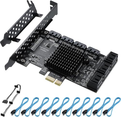 YABOANG PCIe 10 Port SATA Expansion Card (6Gbps, 10 SATA Cables) with Low Profile Bracket, Compatible with Windows, MAC, Linux (ASM1166+JMB575)