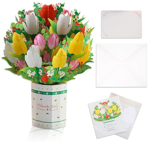 DERJDISF Biglietto Auguri - Biglietto Pop-Up con Tulipani, Regalo Floreale Artistico, Bouquet di Fiori per Sempre da 8,43 Poll, Ideale per Compleanni, Buona Fortuna, Anniversari, Festa della Mamma