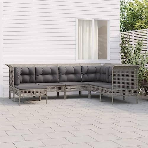 THOYTOUI 7-TLG. Garten-Lounge-Set, Garten Sofagarnitur Gartengarnitur Set Garten loungemöbel Set Terrassenmöbel Geeignet für Terrasse Garten Balkon Veranda mit Kissen Grau Poly Rattan