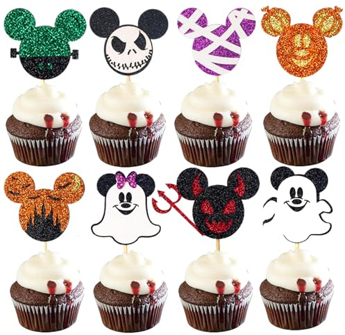 Wootkey 24pcs Mouse Inspired Halloween Cupcake Toppers Glitter Cute Ghost Halloweem Cupcake Picks Mummy Pumpkin Micky Halloween cupcake Decorations Baby Shower Birthday Party Supplies