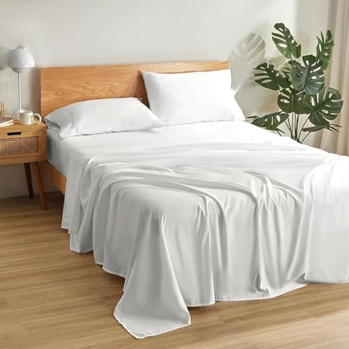 Filo Magico 100% Cotton 3 Piece Sheets Set, 200 Thread Count Luxury 30cm Deep Fitted Sheet, Flat Bed Sheet & Pillowcases, Ultra Soft Easy Care Hotel Quality Bedding Sheets Set (White, Super King)
