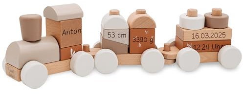 wunderwunsch Personalisierte Holz Eisenbahn Kinder - Geburtstagszug - Zug Baby Eisenbahn - Holzzug Personalisierte Geschenke Baby Spielzeug 1 Jahr Motorikspielzeug (beige, mit Name)