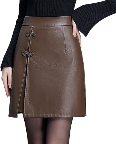 KIJSKKOPO Minigonne in Pelle da Donna con Spacco Frontale, Fibbia Qipao Nera, Cerniera Posteriore, Gonna A Tubino A Trapezio, Sexy, Attillata, per Tutti I Giorni, per Feste, Ballo di Fine Anno, Gonn