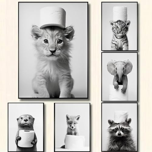BeiYiHo Bilder Badezimmer Tiere Schwarz Weiß Poster Lustige Tiere Bild Toilette Tier Löwe 21x30 Wandbild WC Deko Kunstdruck Bad Leinwand Modern
