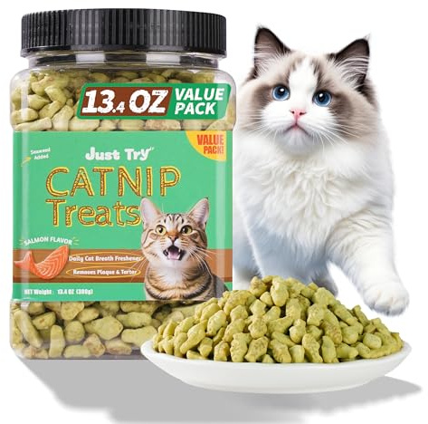 Just Try 13.4 OZ Crunchy Cat Treats Catnip Treats for Cats with Digestive Support, Natural Ingredients Kitten Treats with Real Salmon, Healthy Feline Snacks Training Biscuits Dental Care