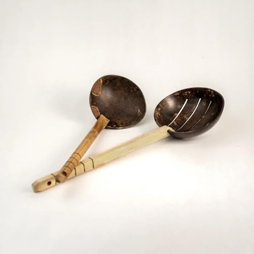 M1SS 2 Pcs of Wooden Coconut Shell Cooking Set Including 1 ladle & 1 Frying Spoon, 33 cm, Eco-Friendly and Lightweight Handcrafted Kitchen Utensils for Cooking, Frying and Serving