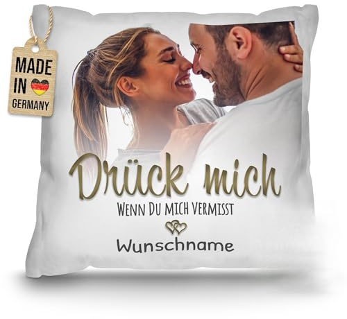 Print Royal PR Kissen mit Foto und Name selbst gestalten - Drück Mich - Personalisiertes Geschenk zum Jahrestag, Valentinstag, Geburtstag, Weiß, inkl. Kissenfüllung, 40 x 40 cm
