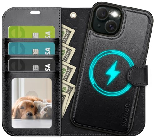 OCASE Kompatibel für iPhone 14 Hülle (2in1) Leder Stoßfestes Case, Abnehmbare magnetische, Mit Handschlaufe, Kabelloses Laden, Kartenfach, Standfunktion, Handyhülle RFID Schutzhülle Schwarz