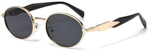 Långvarig vintage metall ovala solglasögon dam herr 90-tal retro runda solglasögon trendiga smala ovala solglasögon UV400-skydd mode nyanser, 53 mm, Guld svart ram – mörkgrå lins
