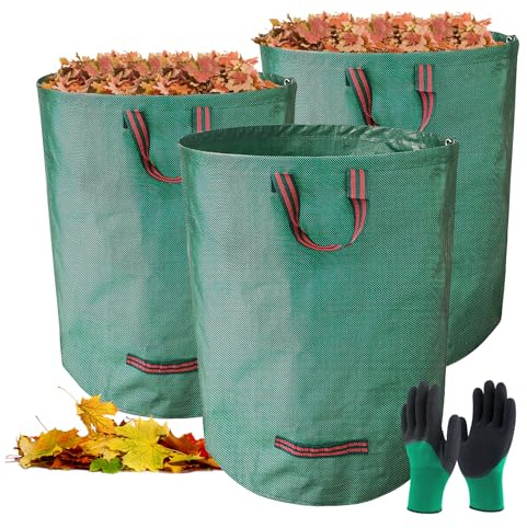 Spetsbst 3er SET 272L Gartenabfallsack mit Gartenhandschuhe Selbststehend Laubsack Gartensack mit Griffe Faltbar Abfallsäcke für Gartenabfälle Grünschnitt Laubabfall