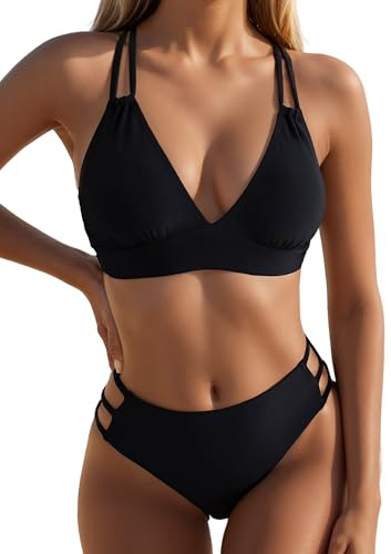Ausing Dam bikiniset V-ringad nackhållare låg midja bikini badmode tvådelad baddräkt baddräkt sexig strand pool S–XL, svart, M