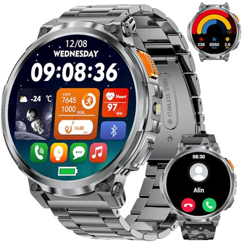 BENYAR SMART Militär Smartwatch Herren, 1.85 HD Großbildschirm, Taschenlampe, Anrufe, 120+ Sportmodi/Schrittzähler/Kalorien Fitnessuhr, Multifunktion Smartwatch für iOS Android, SchwarzTarnung