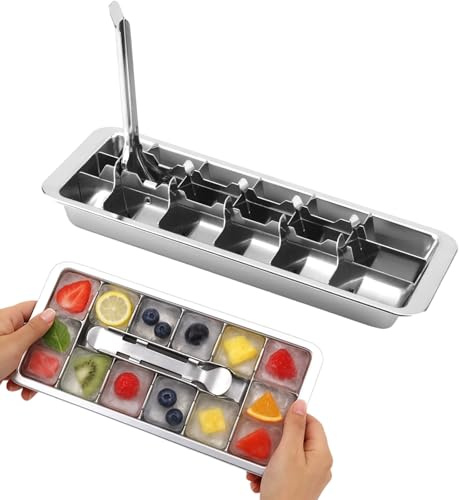 Vassoio per Ghiaccio in Acciaio Inox con Manico Removibile, Stampo 18 Scomparti in Metallo per Freezer Bar Cucina