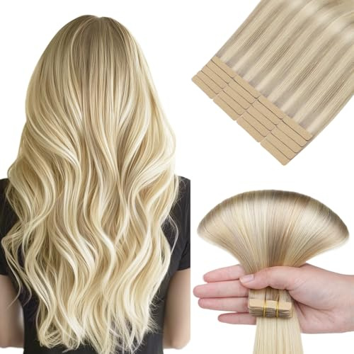 hotbanana Tape in Extensions Echthaar 35cm | Remy Hair Invisible Aschblond bis Goldblond und Platinblond Haarverlängerungen Echthaar Tapes 20PCS 50g
