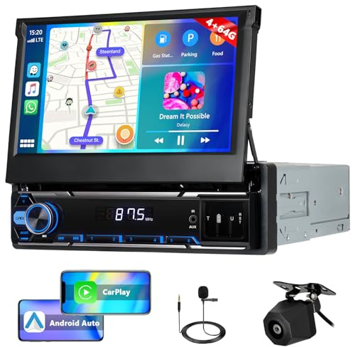 Motorsi Single Din 4+64G bilradio med trådlös CarPlay Android-bil, 7-tums flip-out-bilradio med GPS-navigering, WiFi, Bluetooth, pekskärm, spegellink, FM/RDS, SWC, AUX-bilradio
