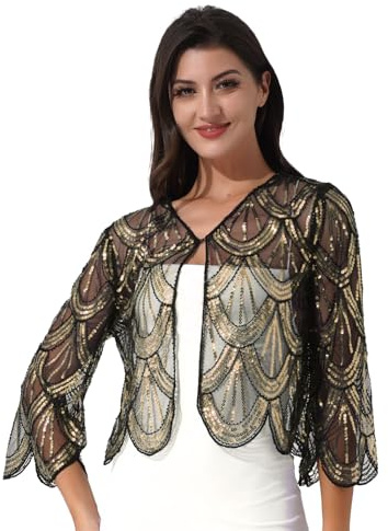 Raenseen Épaulière Femme Cardigan en Dentelle Élégant Veste À Paillettes Boléro De Cérémonie Mariage Haut Léger Ourlet Irrégulier Robe De Soirée Club Cocktail Or Taille Unique