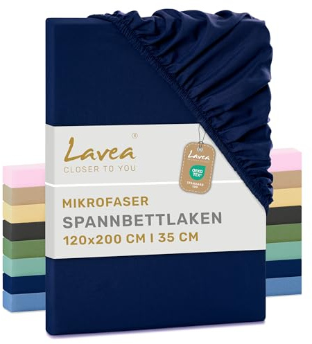 Lavea® Spannbettlaken 120 x 200 cm aus Mikrofaser, Bettlaken mit Rundumgummi, für Matratzen bis 35 cm, atmungsaktiv und kühlend, pflegeleicht, Spannbetttücher,1 Stück Navyblau