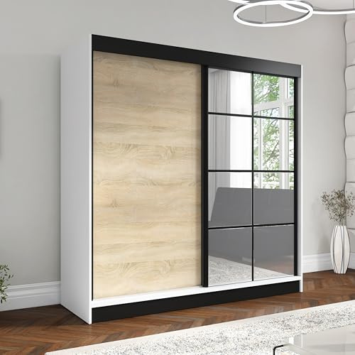 A&J MöbelLand Schwebetürenschrank KLARO2 Kleiderschrank 2-türig mit Spiegel, Garderobe 160 cm (Weiß/Sonoma/Schwarz)