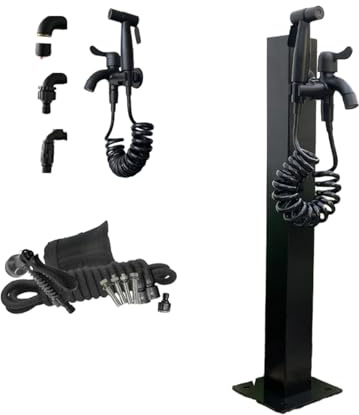 Fontana da giardino in acciaio inossidabile con rubinetto, fontana d'acqua a colonna, ingresso terra/laterale, design moderno nero per patio, cortile e arredamento paesaggistico